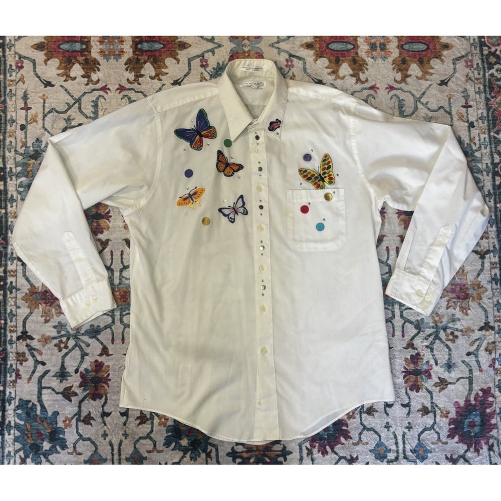 🦋Vintage Marquis Button Up Shirt Size 15.5 - Butterflies/‎ Rhinestones